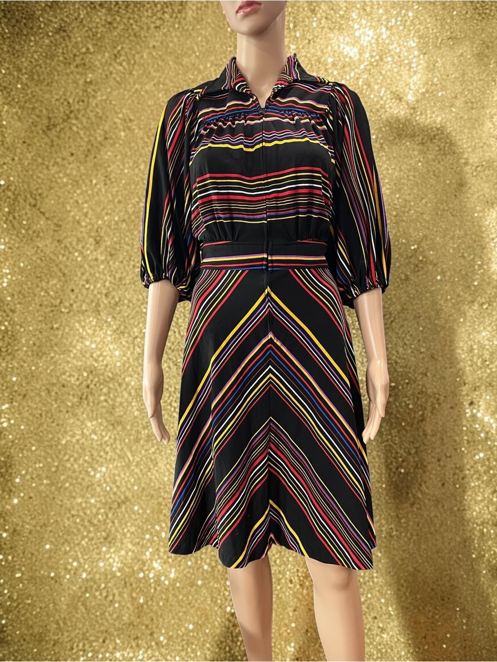 Vintage 70s Jody T of California Rainbow Striped Chevron Midi Shirt Dress